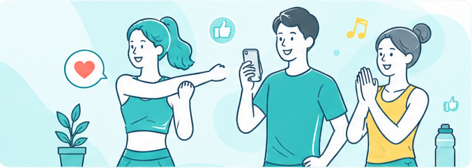 e-Homefitsで運動を楽しむ仲間たちのイラスト